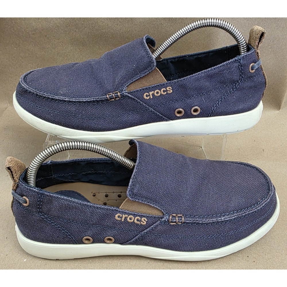 Crocs (Sz 10) Walu Boat Shoes Loafers Mens Navy Blue Brown Slip On Comfort
